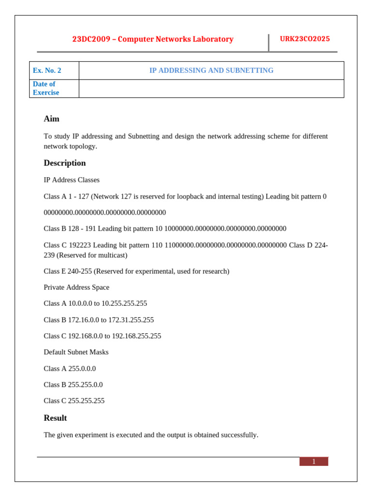 23DC2009 - Computer Networks Laboratory: Ex. No. 2 Date of Exercise | PDF