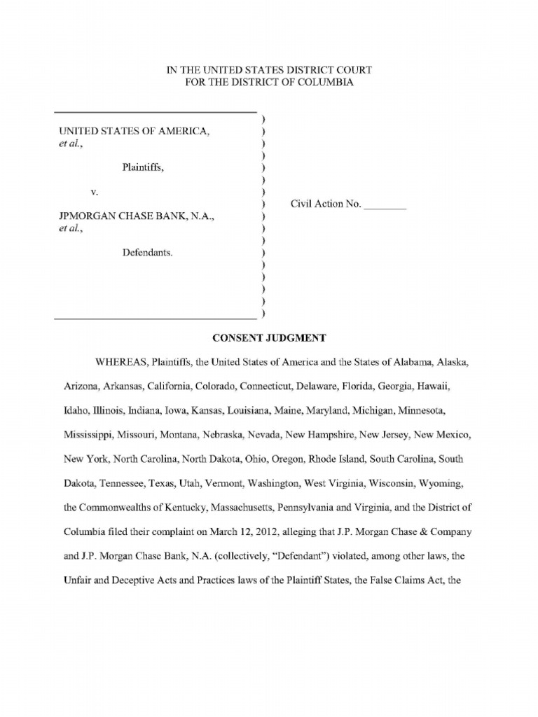 U S Et Al V Jpmorgan Chase Bank N A Et Ai Defendant 25 Billion Mortgage Servicing Agreement Ocr Consent Decree Jp Morgan Chase