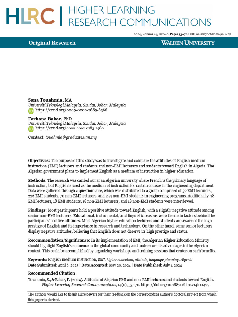 Algerian Attitudes Toward English in EMI | PDF | Attitude (Psychology ...