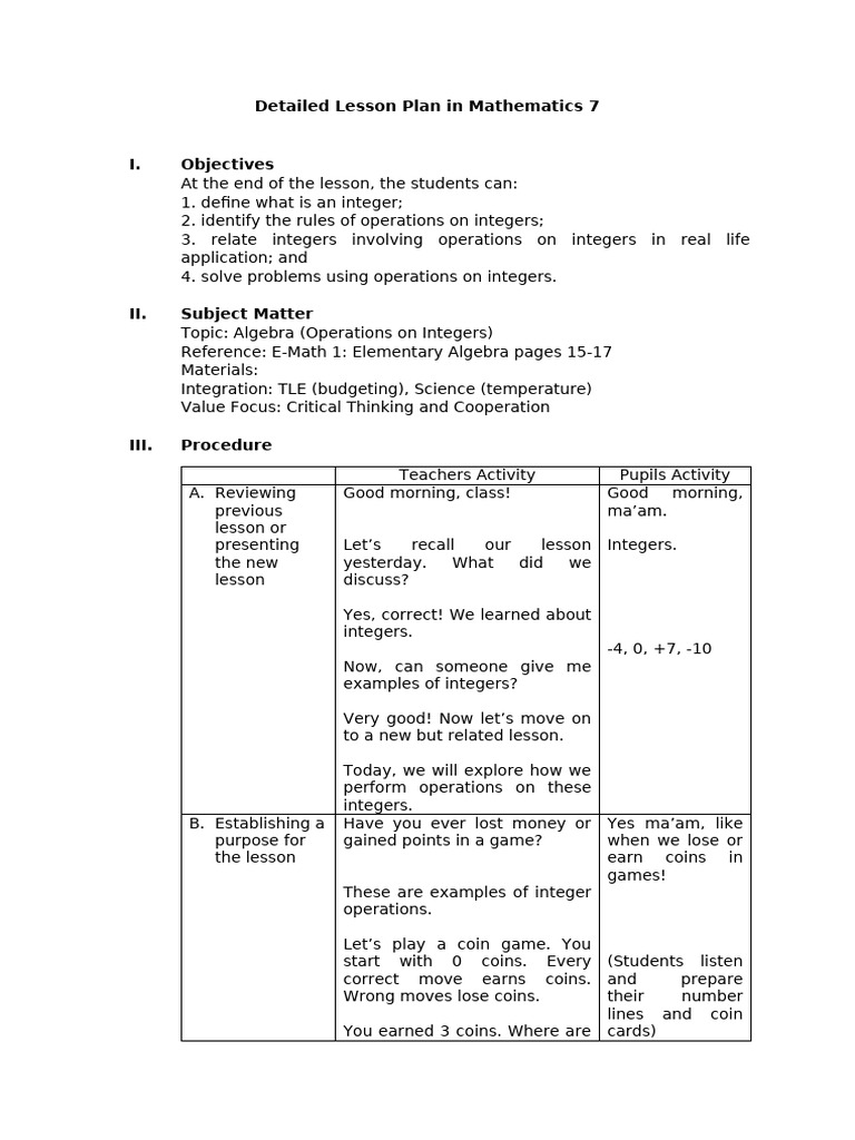 Operations on Integers Lesson Plan | PDF | Numbers | Multiplication