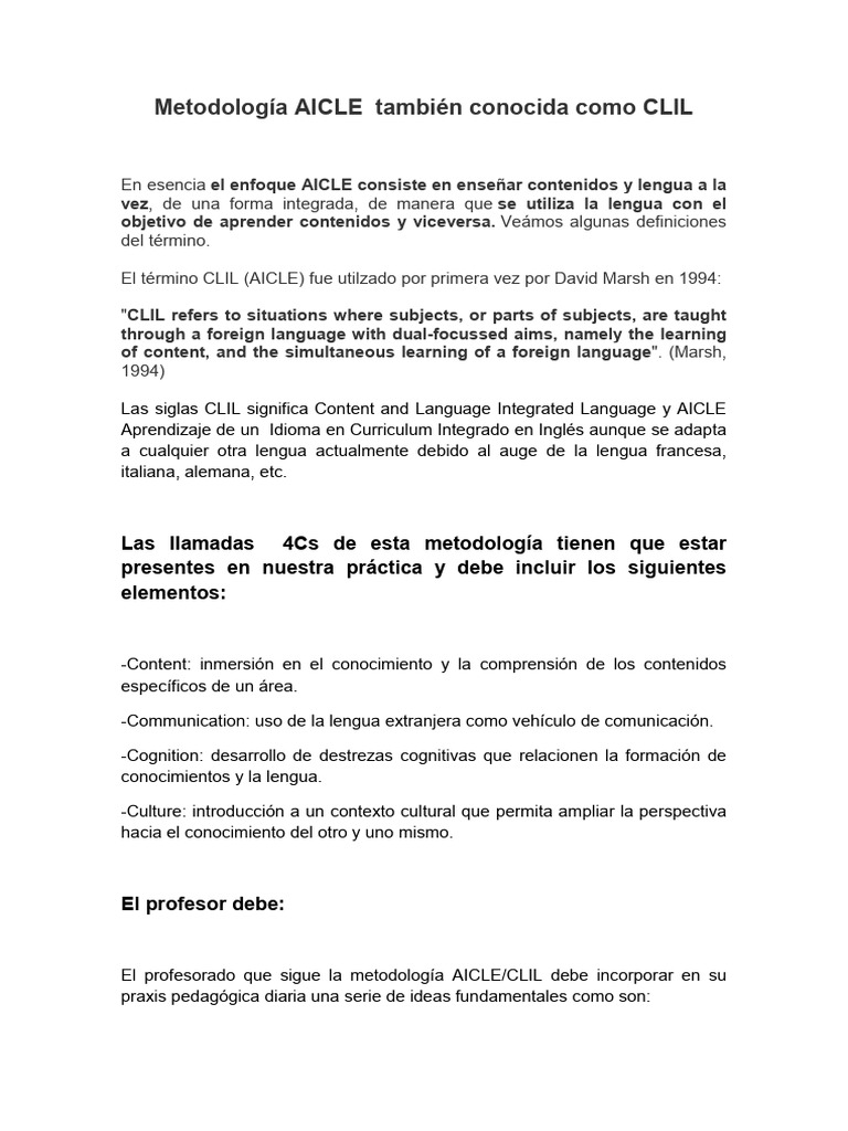 Metodología AICLE: Aprendizaje Integrado | PDF | Segundo lenguaje ...