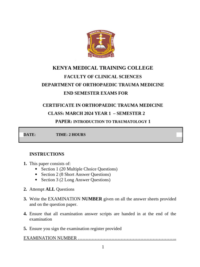 Orthopaedic Trauma Medicine Exam 2024 | PDF | Bleeding | Shock ...