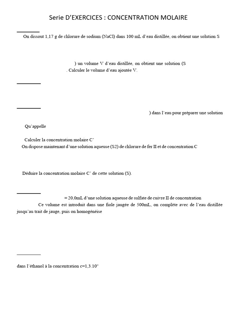 Exercices de Concentration Molaire | PDF | Concentration molaire | Chimie