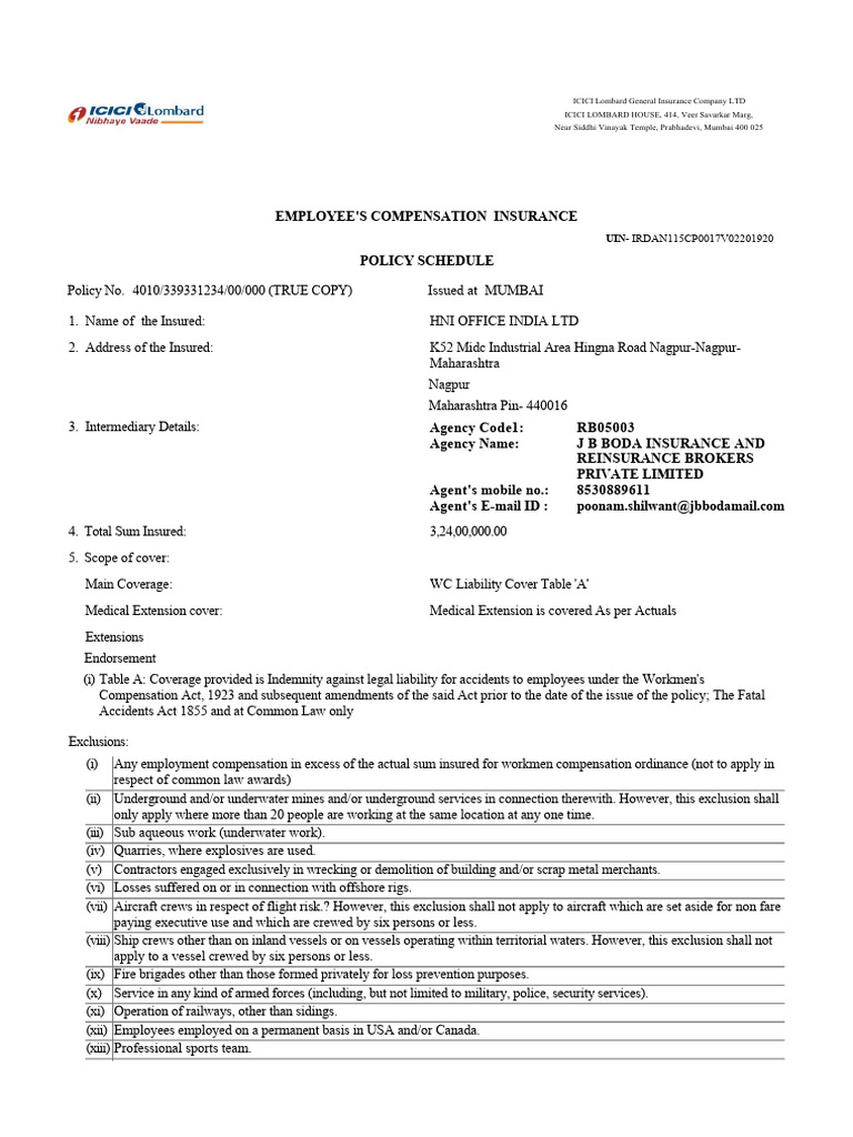 Employee Compensation Insurance Policy | PDF | Insurance | Indemnity