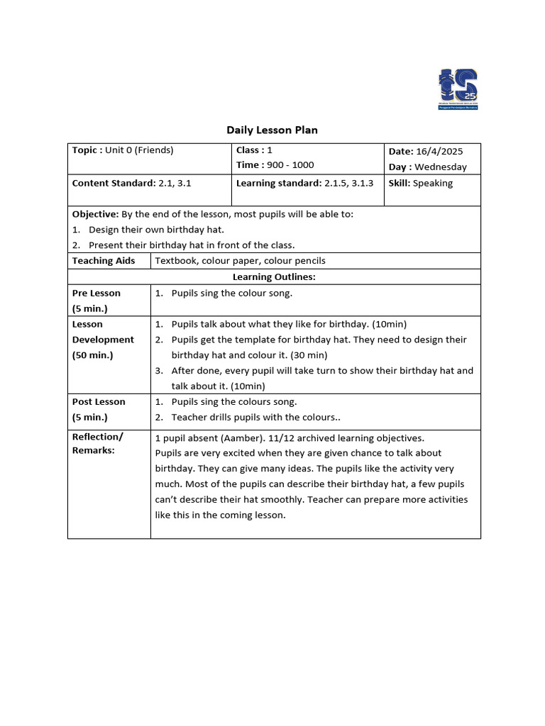 Daily Lesson Plan: Topic: Class: Time: Date: Day: Content Standard ...