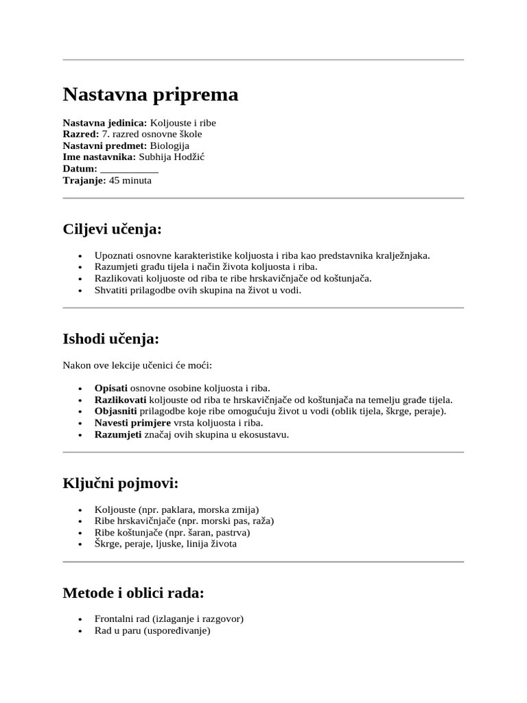 Nastavna Priprema Kolouste I Ribe | PDF