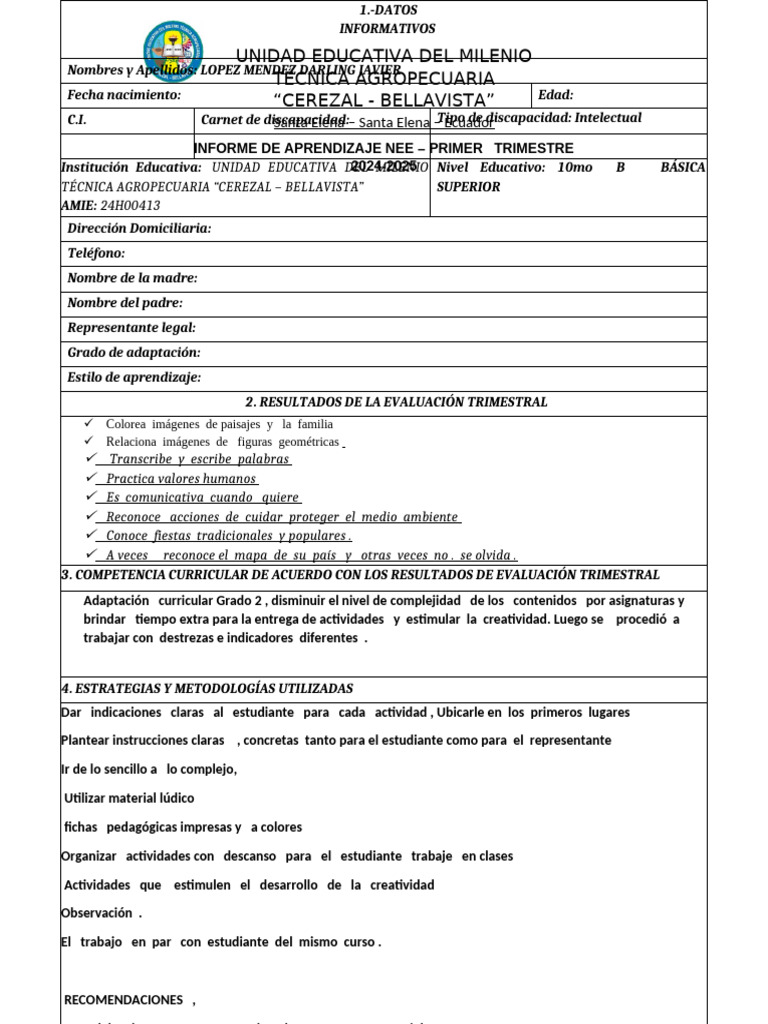 INFORME DE APRENDIZAJE NEE Del PRIMER TRIMESTRE - CCSS 10 Mo B 2024 ...