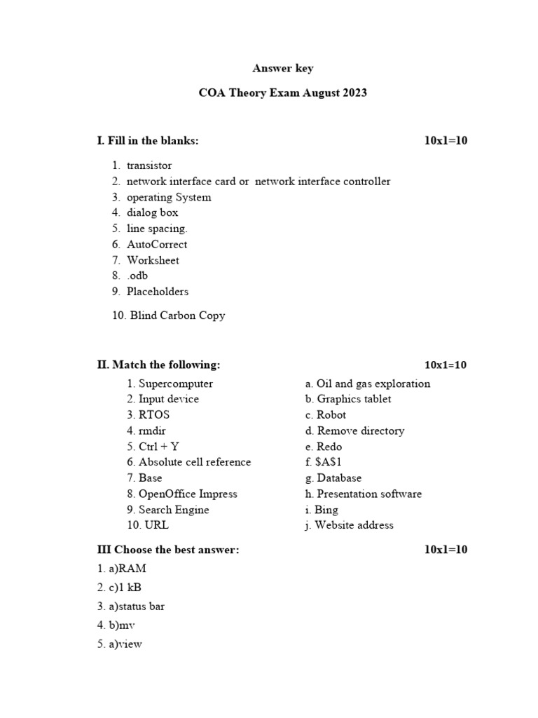 COA Theory Exam Answer Key - Aug 2023 | PDF | Computing | Software