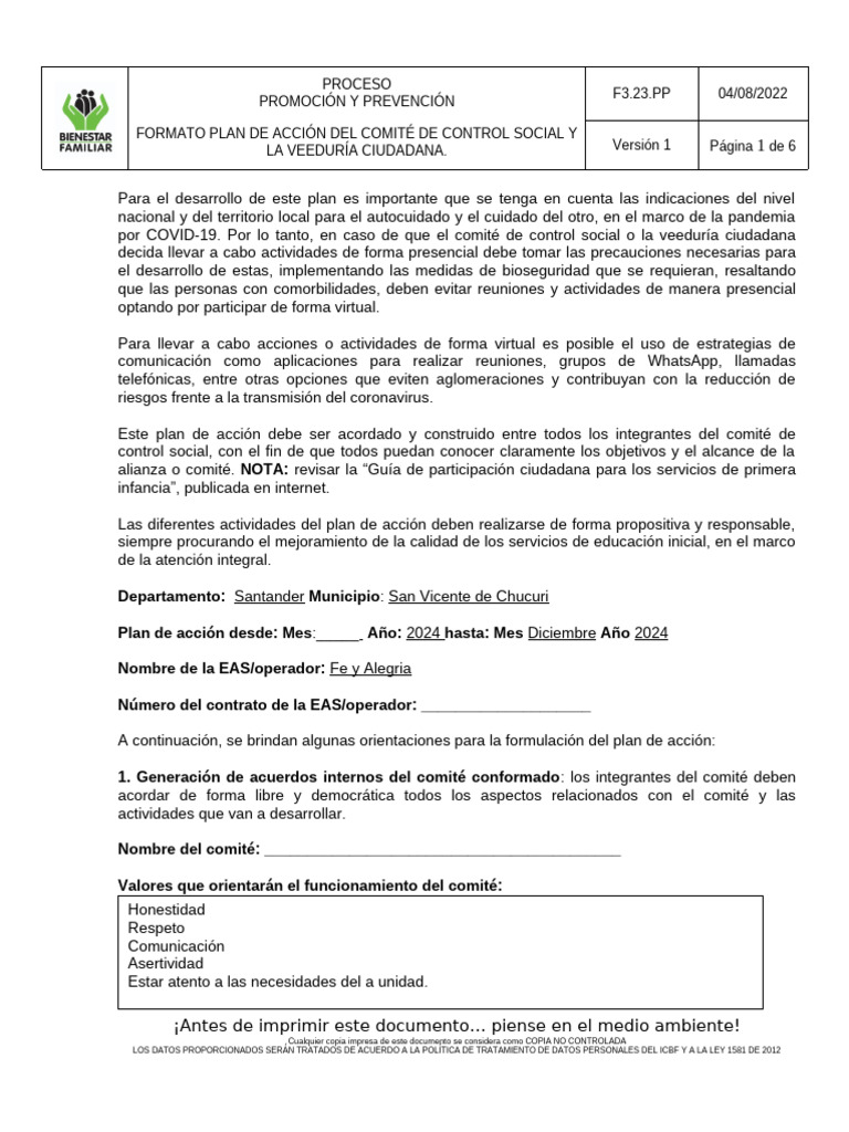 Plan de Acción Comité Control Social | PDF | Planificación