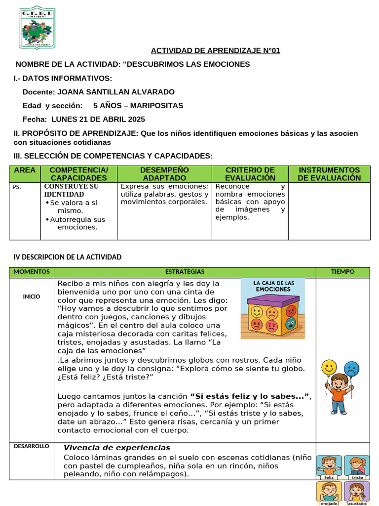 ACTIVIDAD DE APRENDIZAJE - 21 Al 25 - Abril 2025 | PDF | Las emociones ...