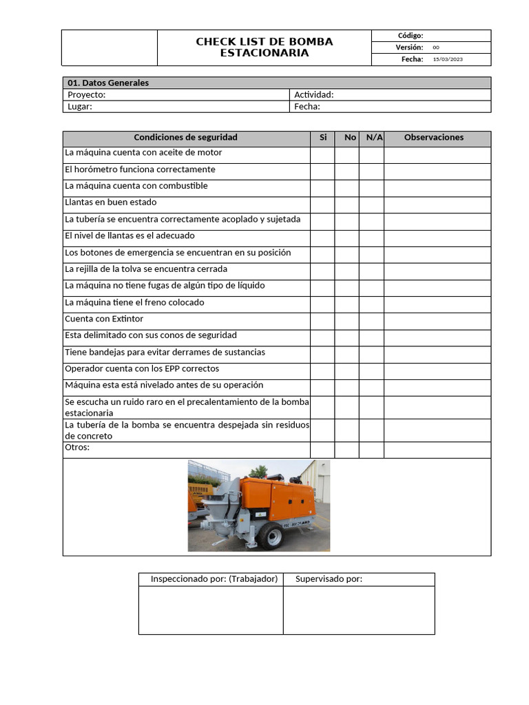Checklist para Bomba Estacionaria | PDF