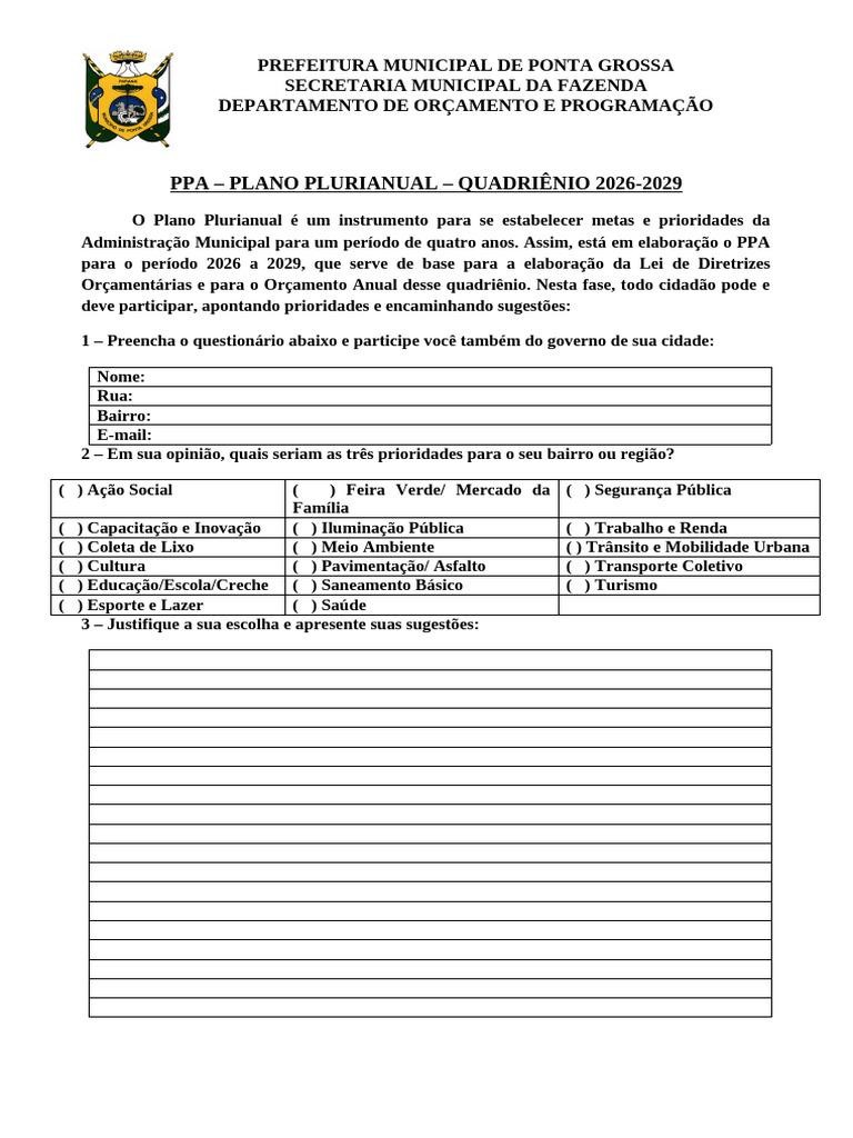 Participação no PPA 2026-2029 em Ponta Grossa | PDF