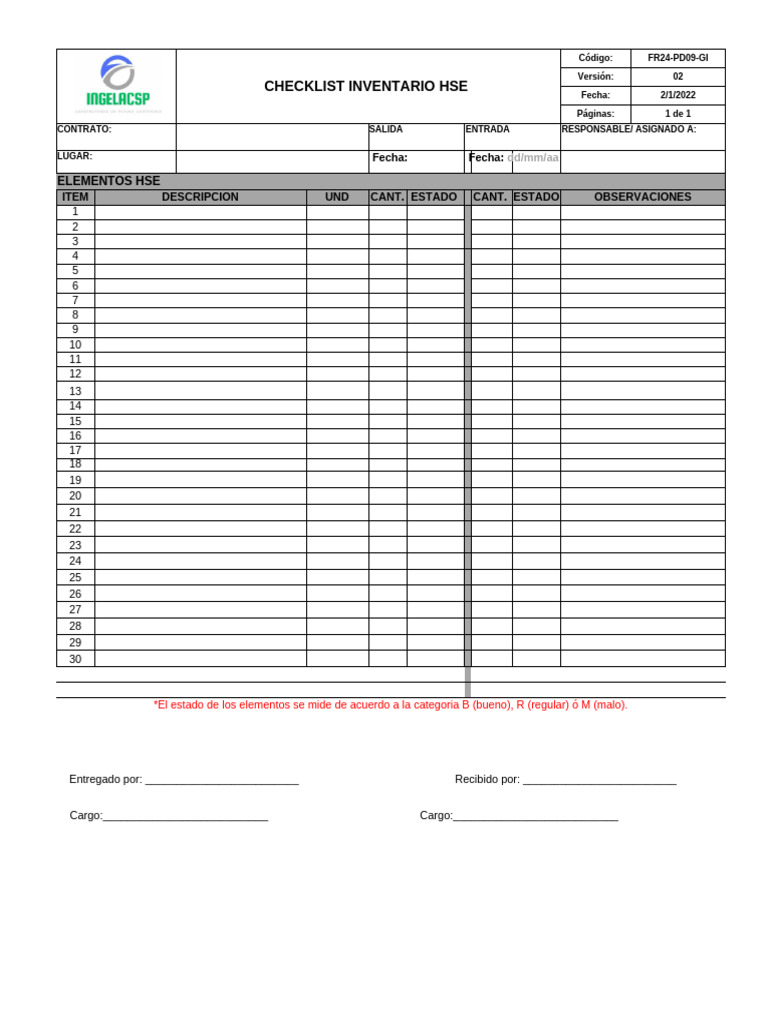 FR24-PD09-GI CHEKLIST INVENTARIO HSE | PDF