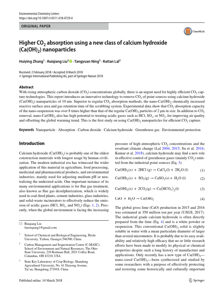 Higher CO2 Absorption Using A New Class of Calcium Hydroxide (CA (OH) 2 ...