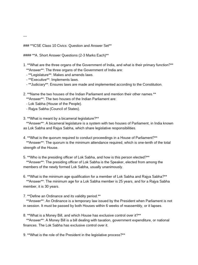 ICSE Class 10 Civics Q&A Guide | PDF | Government Of India | Government