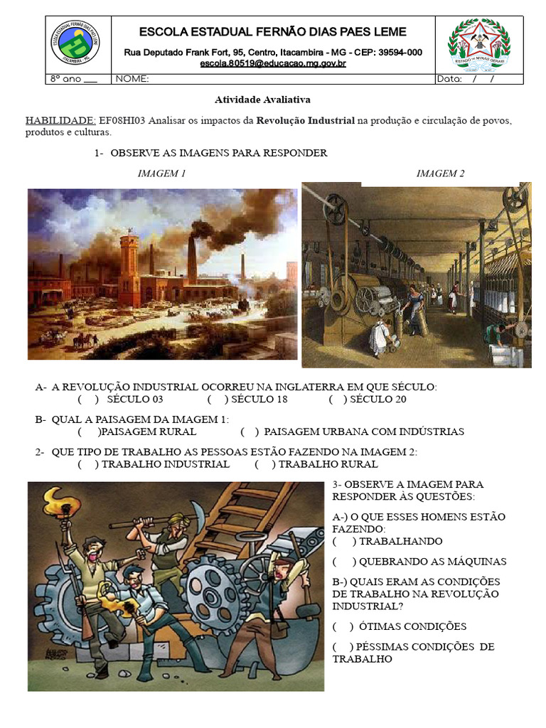 Atividade Avaliativa: Revolução Industrial 8º Ano | PDF