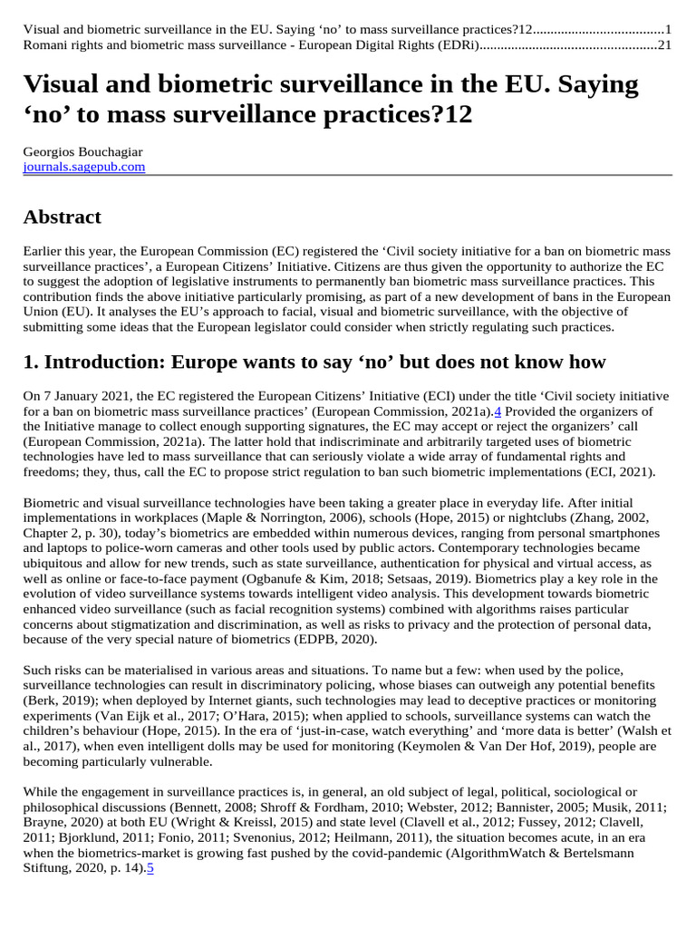 Visual and Biometric Surveillance in The EU | PDF | Biometrics ...