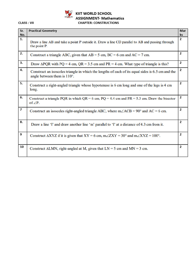 Kiit World School ASSIGNMENT-Mathematics: Class: Vii Chapter ...