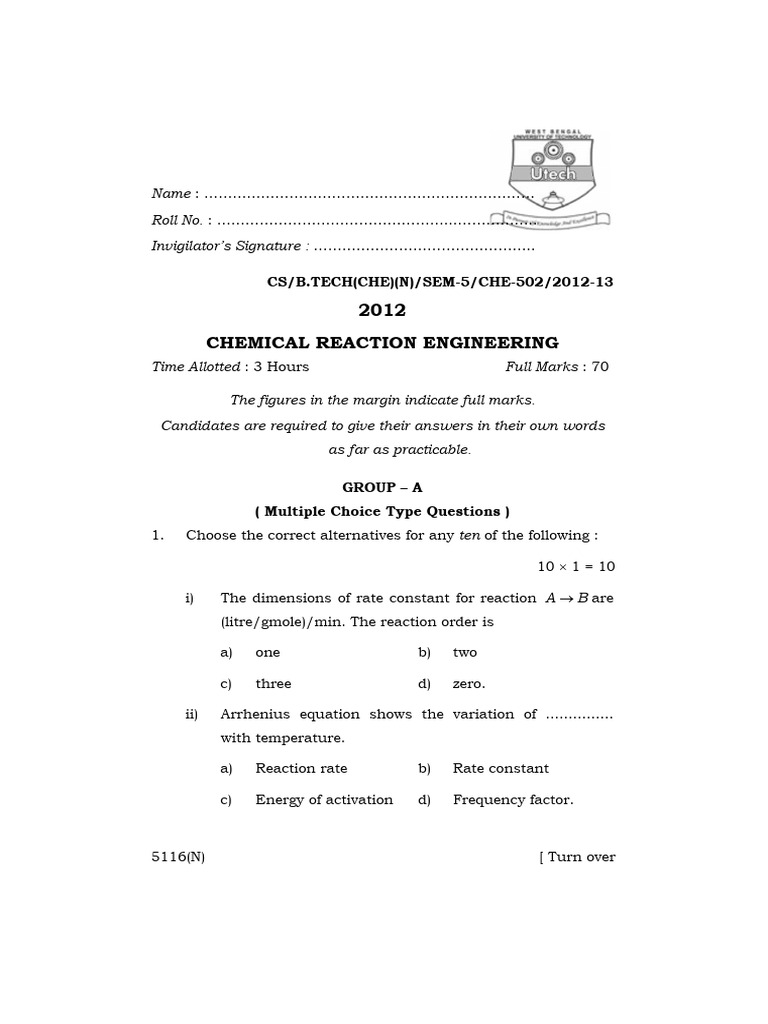 Btech Che 5 Sem Chemical Reaction Engineering 2012 | PDF | Reaction ...