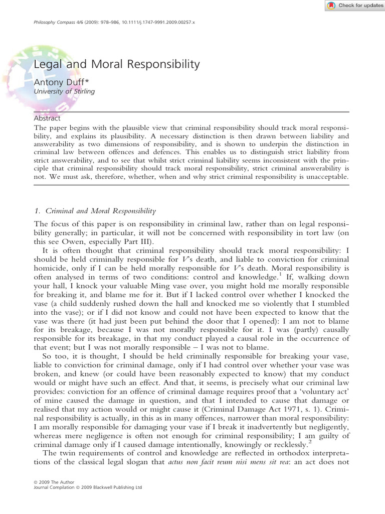Philosophy Compass - 2009 - Duff - Legal and Moral Responsibility | PDF ...