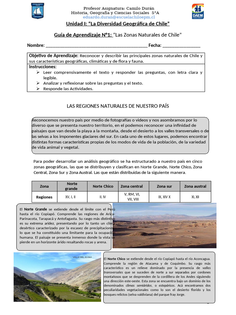 Zonas Naturales de Chile: Guía de Aprendizaje | PDF | Chile | Clima