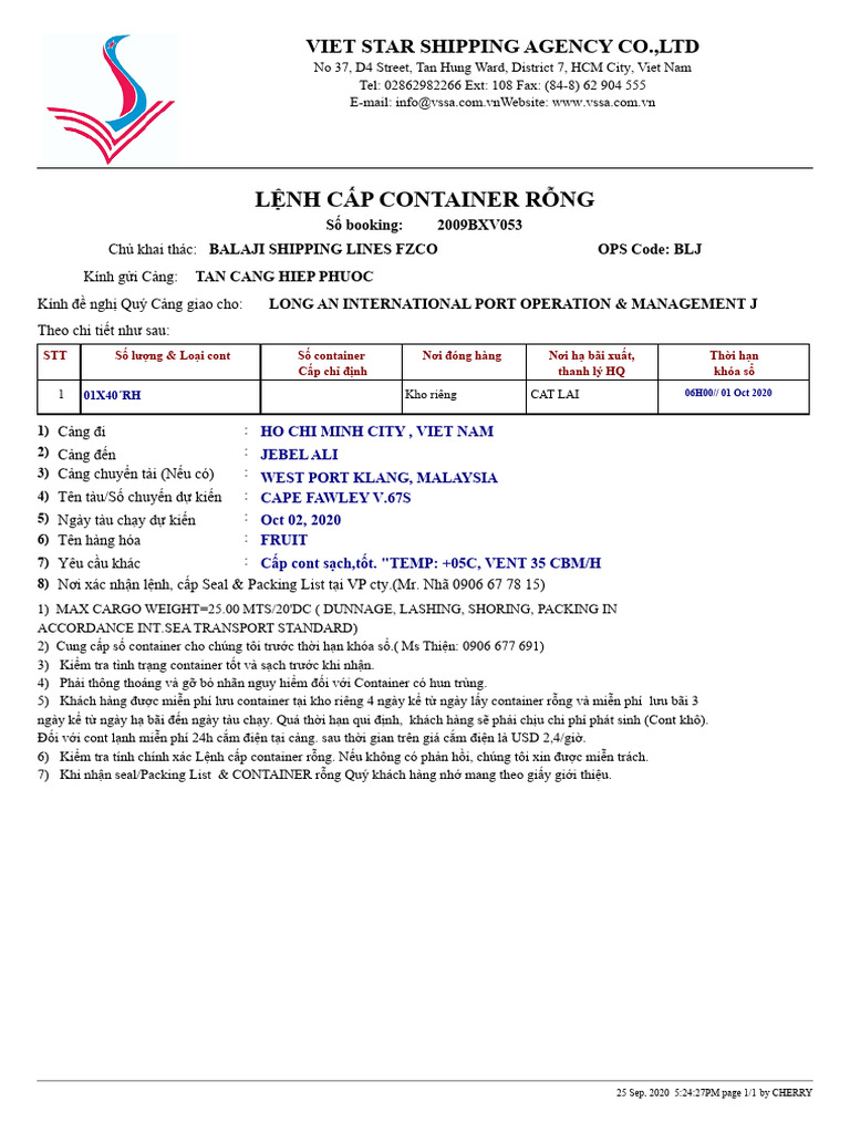 Lệnh Cấp Container Rỗng | PDF