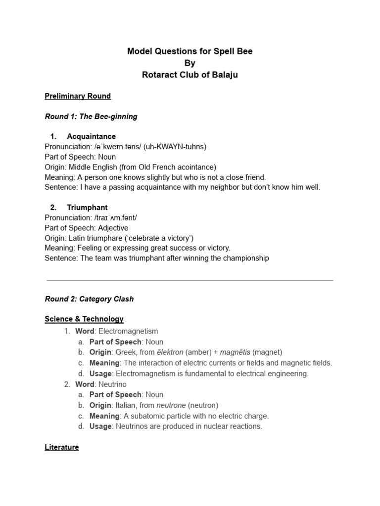 Spell Bee Model Questions Guide | PDF | Part Of Speech | Latin
