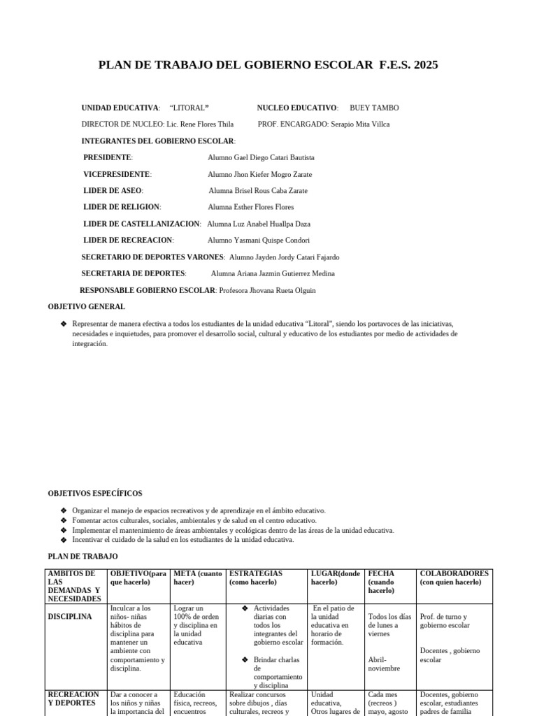 Plan de Trabajo Del Gobierno Escolar | PDF | Enseñando | Aprendizaje