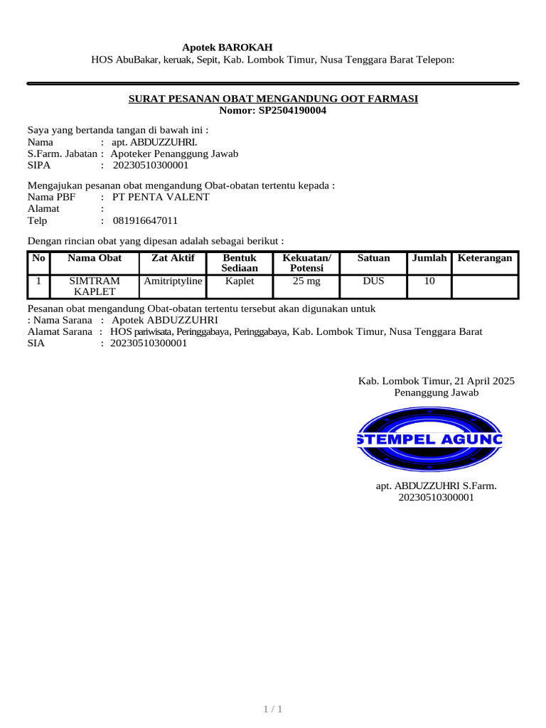 Pesanan Obat Simtram Kaplet 25 mg | PDF