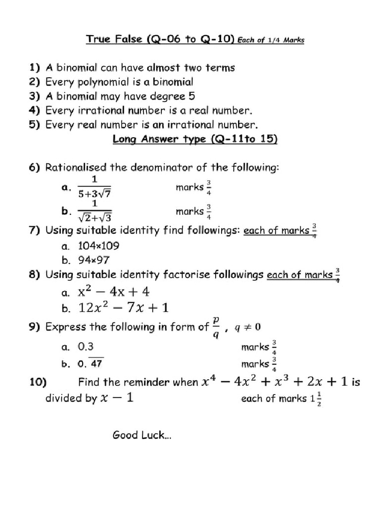 RBSE Unit Test 1 Class 9 Maths 2 638 | PDF