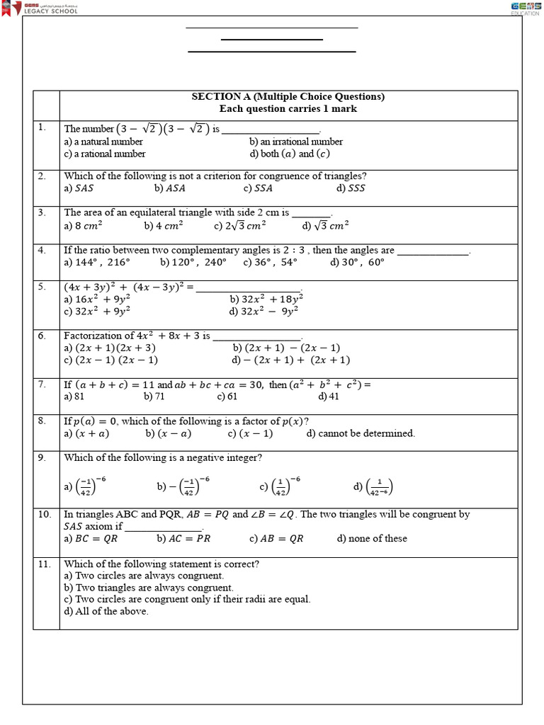 9th Grade Math Exam Revision 2024-25 | PDF | Area | Elementary Geometry