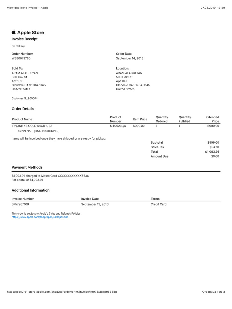 View Duplicate Invoice - Apple Iphone XS | PDF | Invoice | Receipt
