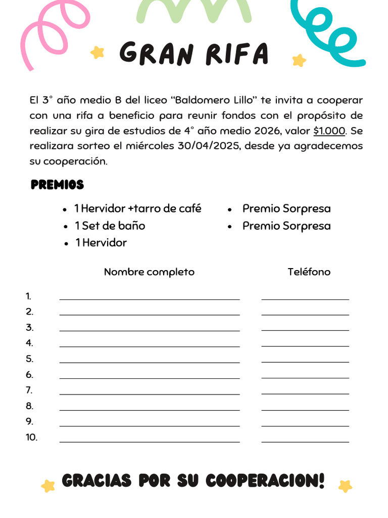 Rifa Escolar para Gira de Estudios 2026 | PDF