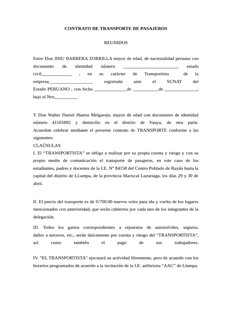 Contrato de Transporte de Pasajeros | PDF