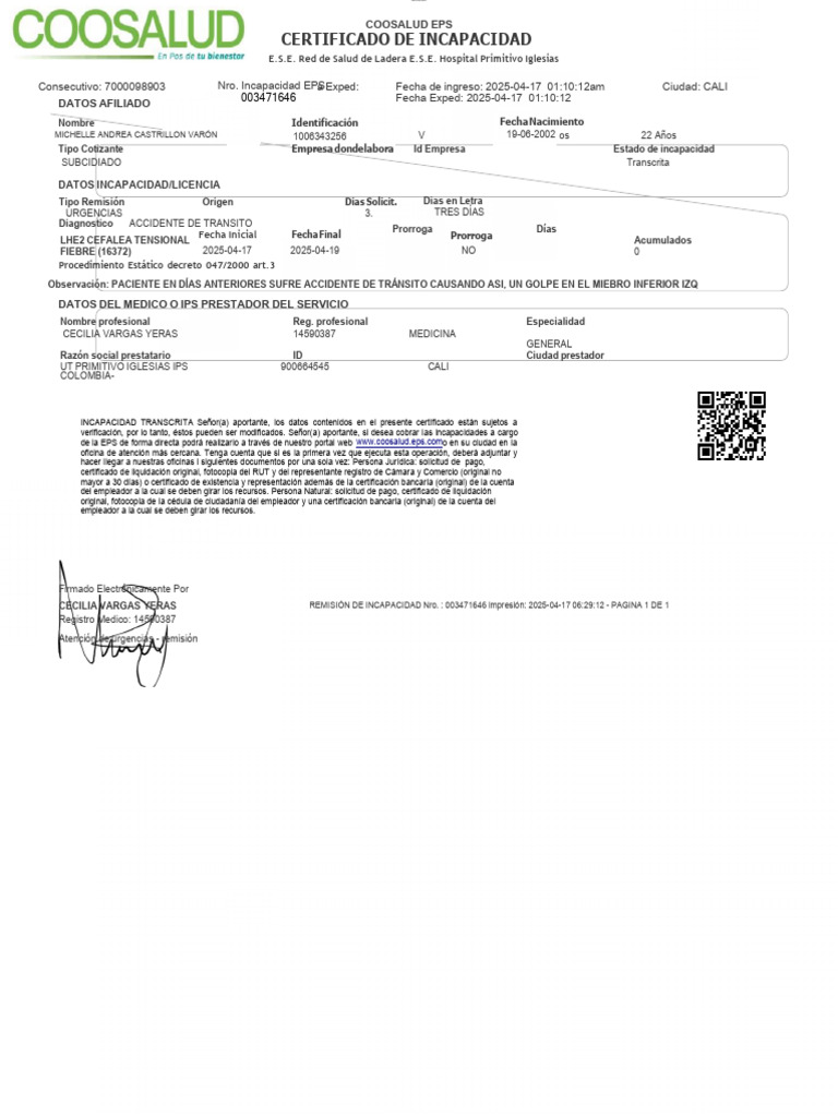 Certificado de Incapacidad Coosalud | PDF | Cuidado de la salud | Medicina