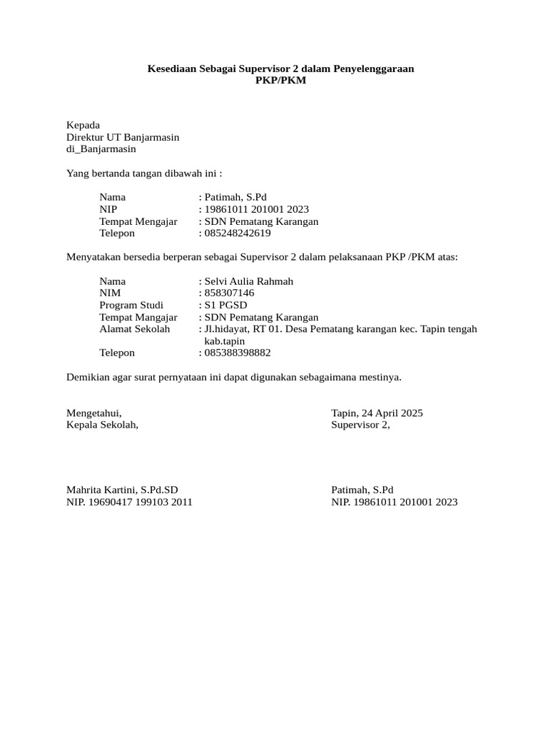 Contoh Surat Kesediaan Menjadi Supervisor 2 PKP | PDF
