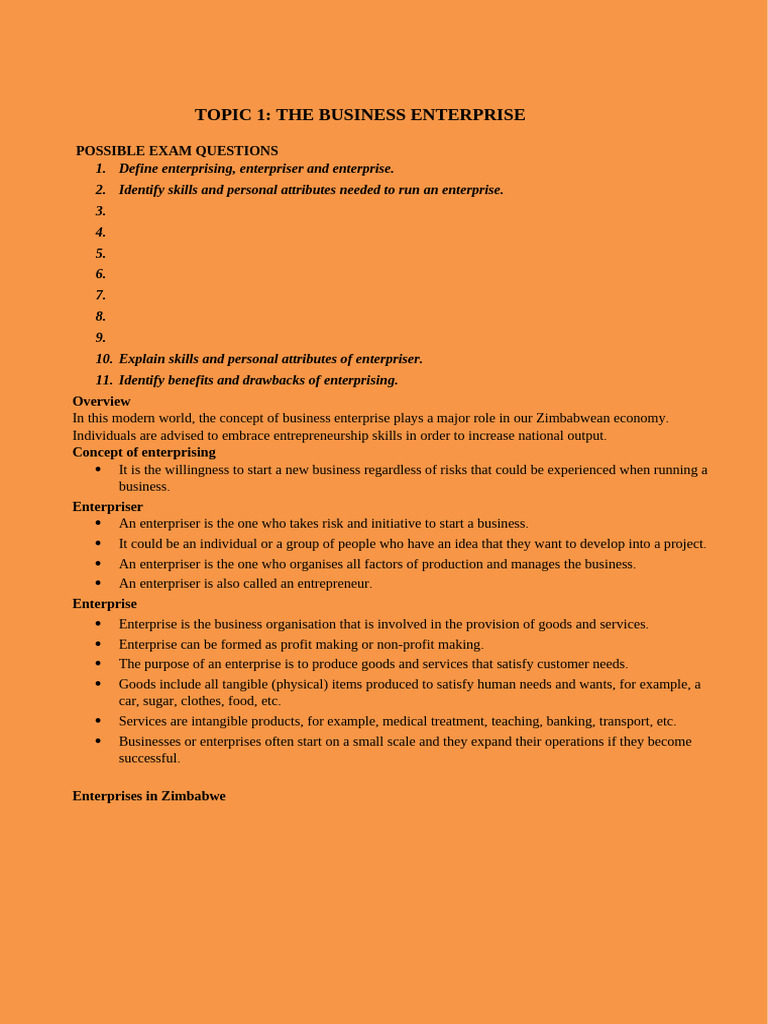 Understanding Business Enterprises in Zimbabwe | PDF | Entrepreneurship ...