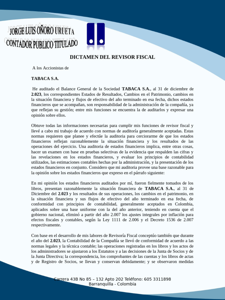 Dictamen del Revisor Fiscal 2023 | PDF | Auditoría | Contabilidad