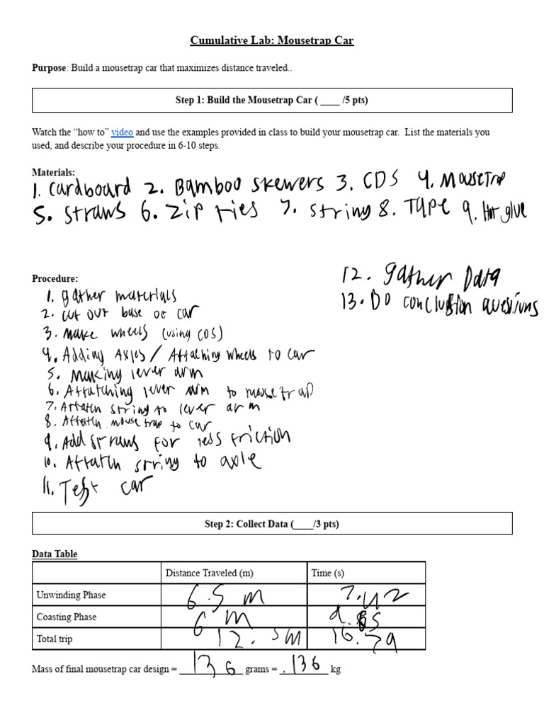 MouseTrap Car Cumulative Lab | PDF | Force | Torque