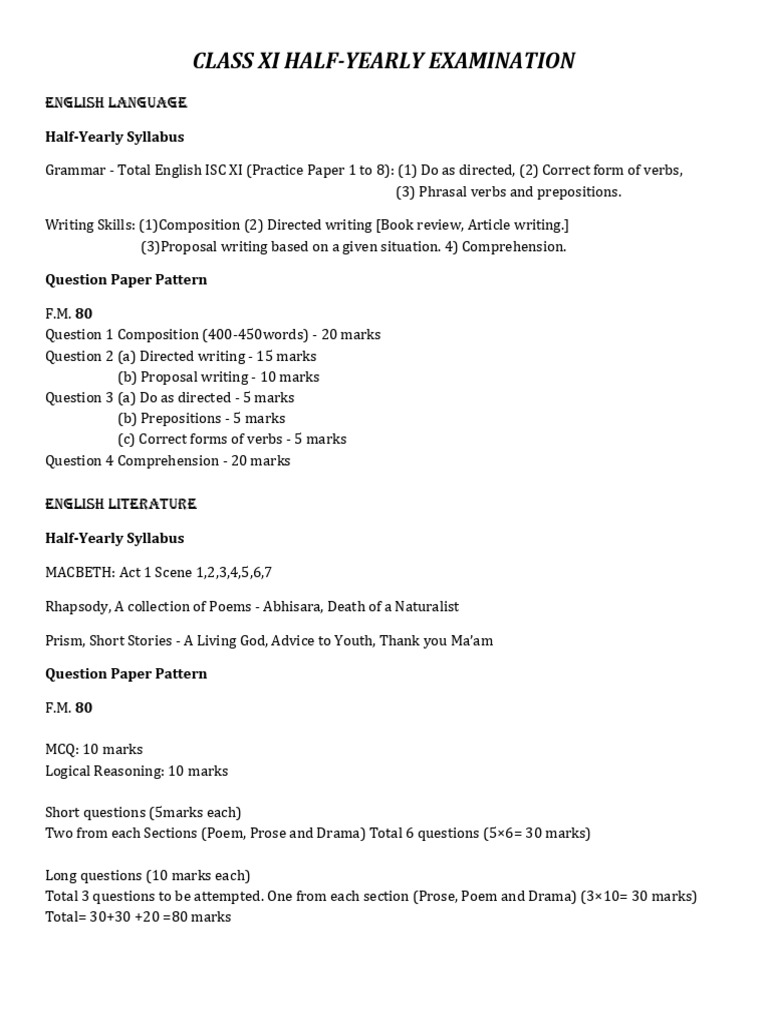 Class Xi Half-Yearly 2025 Syllabus & Question Paper Pattern | PDF ...
