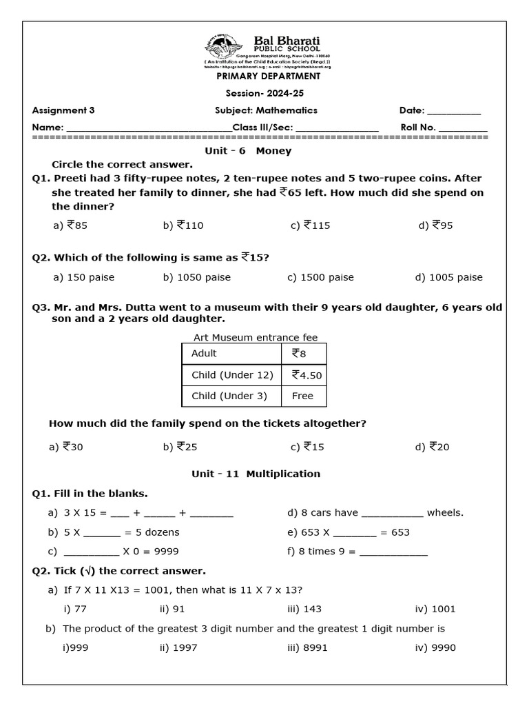 Class 3 Maths Assignment: Money & More | PDF | Mathematics