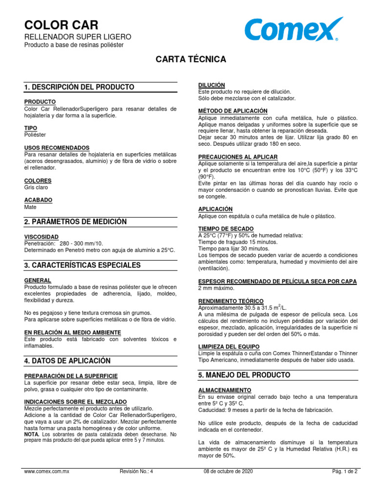 Rellenador Ligero Color Car Comex | PDF | Usuario (informática) | Aluminio