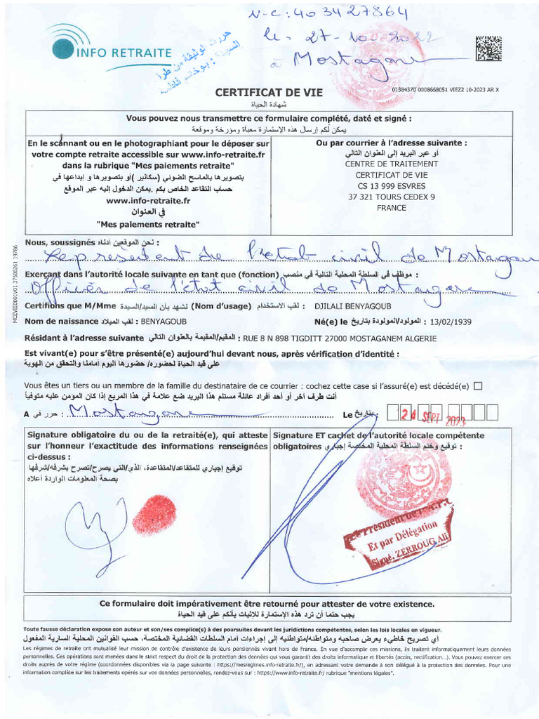 Certificat de Vie pour Retraite | PDF