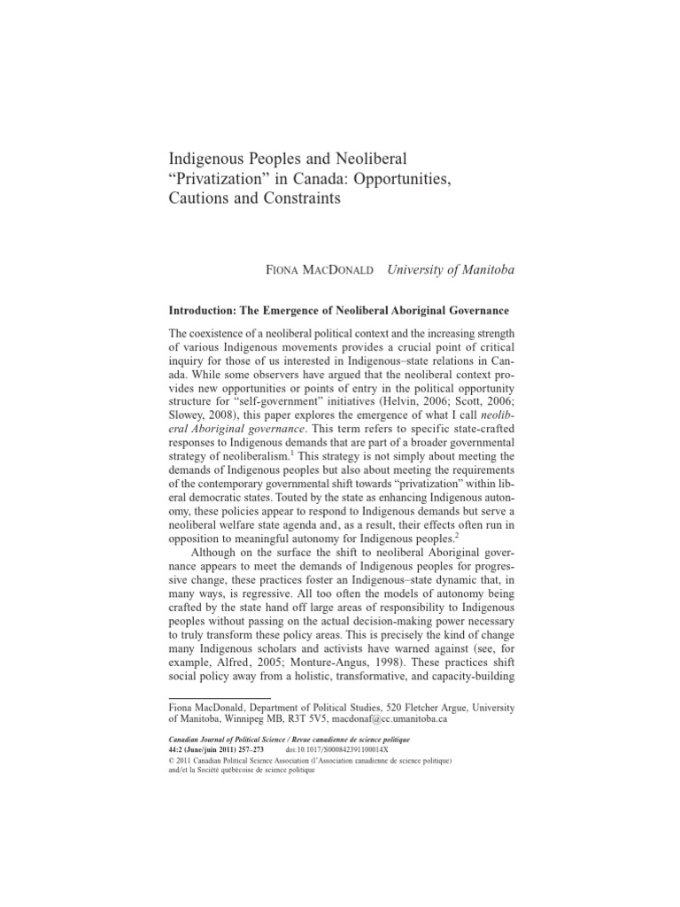 Neoliberalism and Indigenous Governance in Canada | PDF | Neoliberalism ...