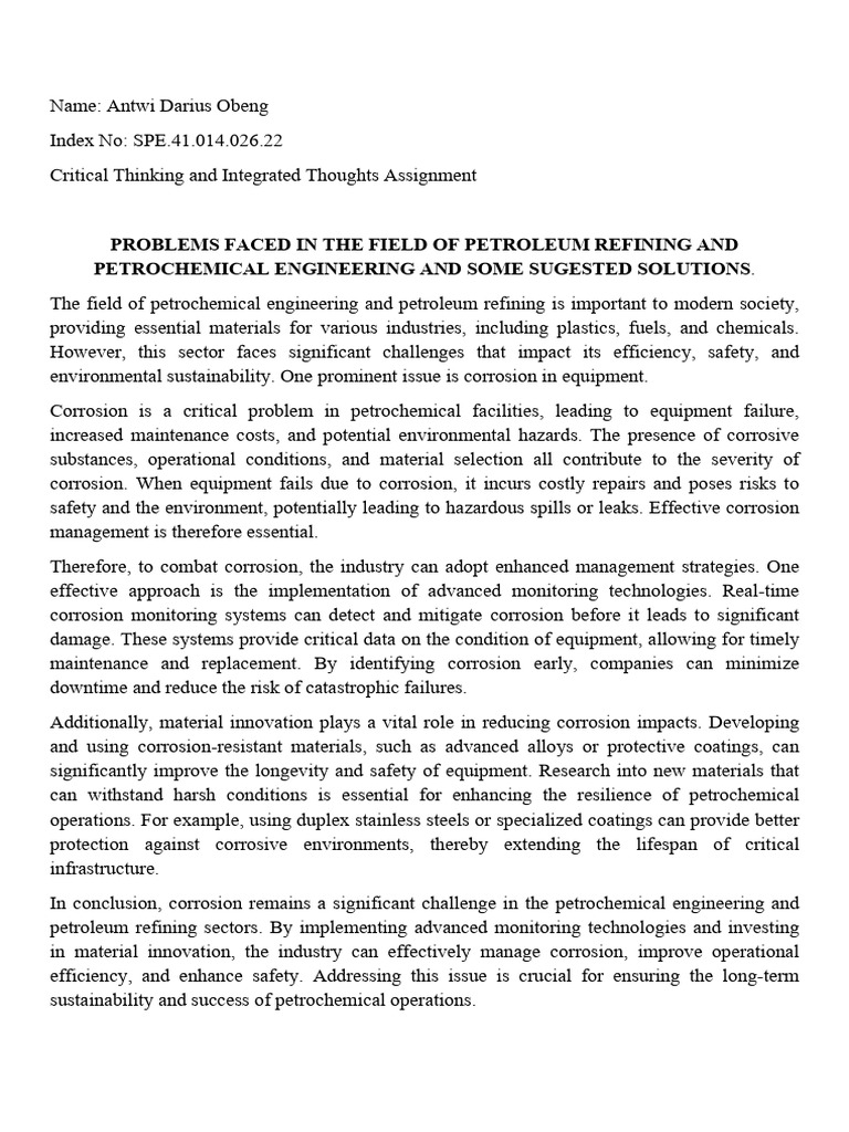 Critical Thinking Assignment | PDF | Corrosion | Oil Refinery