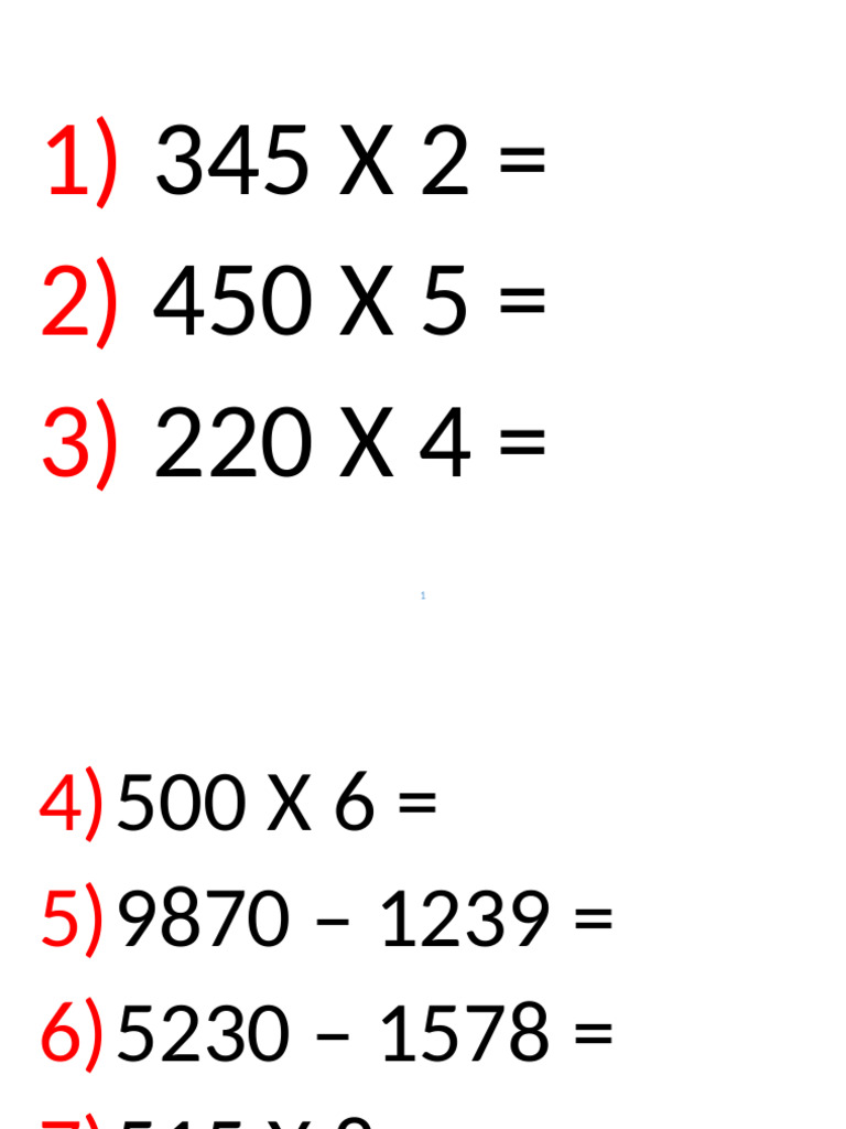 Math Multiplication and Subtraction Problems | PDF
