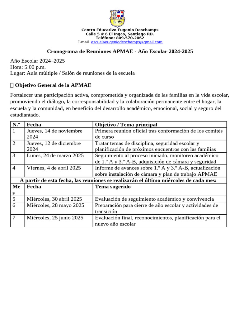 Cronograma Reuniones APMAE 2024-2025 | PDF