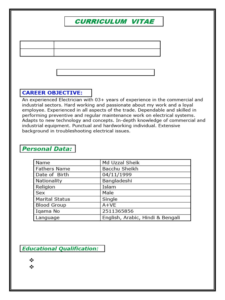 Electrician CV of Md Uzzal Sheik | PDF | Electrician