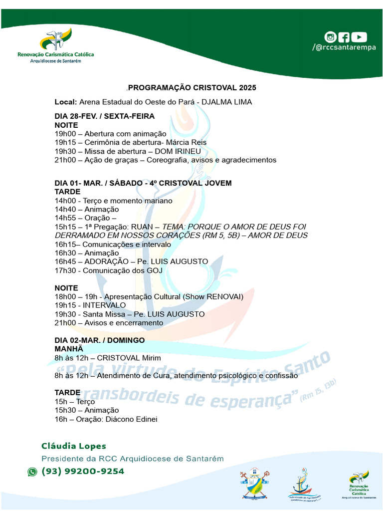 Programação Cristoval 2025: Eventos e Missas | PDF | Teologia | Crença ...