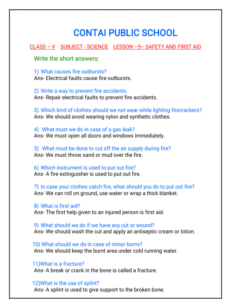 Safety and First Aid for Class V | PDF